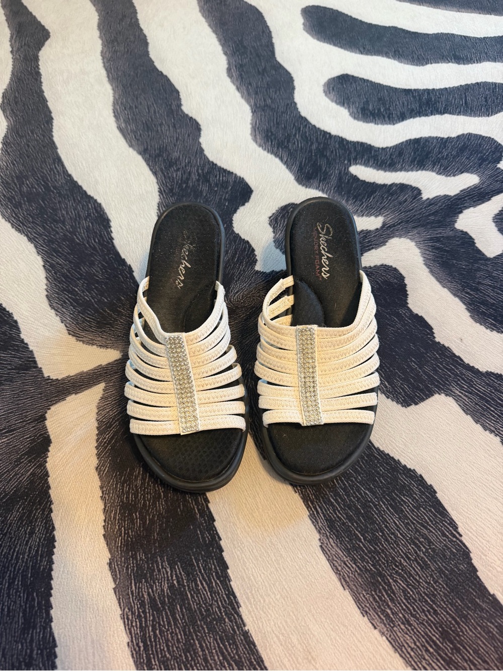 Skechers White Multi-Strap Slide Sandals with Center Rhinestone Accent